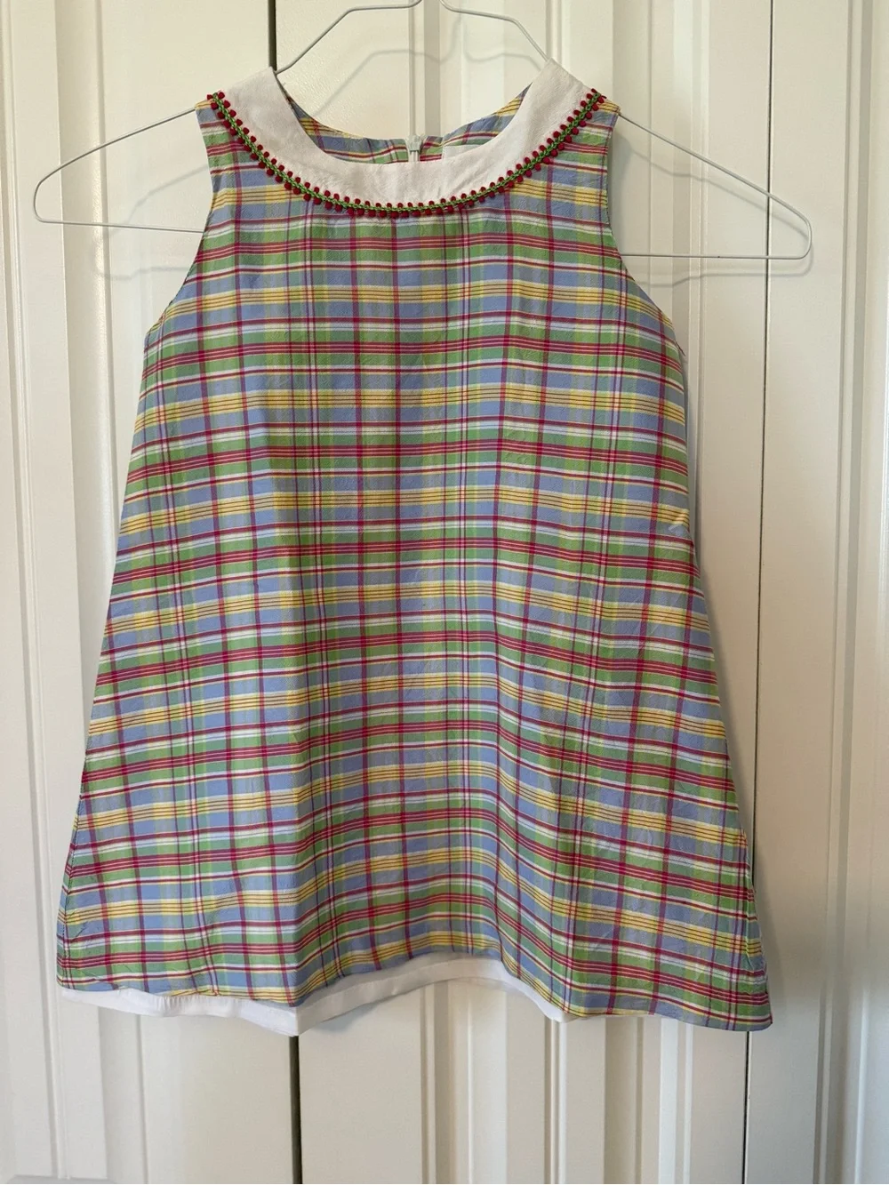 Maggie & Zoe Pastel Plaid Sleeveless Dress with White Trim and silk/polyester